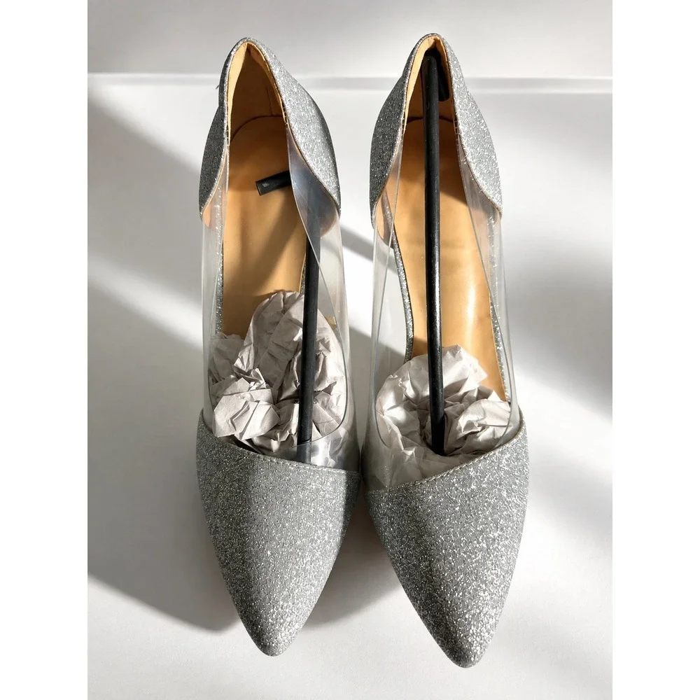 Silver Glitter Clear PVC Pointed Toe Stiletto Pumps Heels Women Size 9 Evening